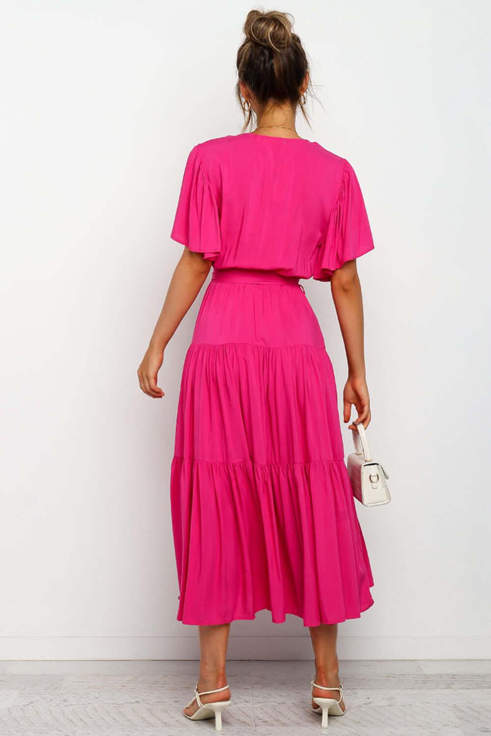 Tied Tiered Short Sleeve Midi Dress - Clothes For Her Online Store