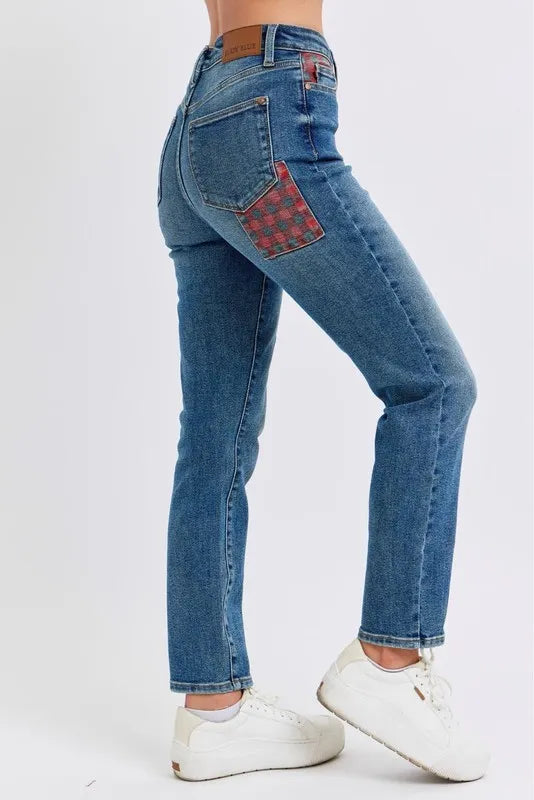 Judy Blue Full Size HW Plaid Patch Slim Fit Jeans Plus Size