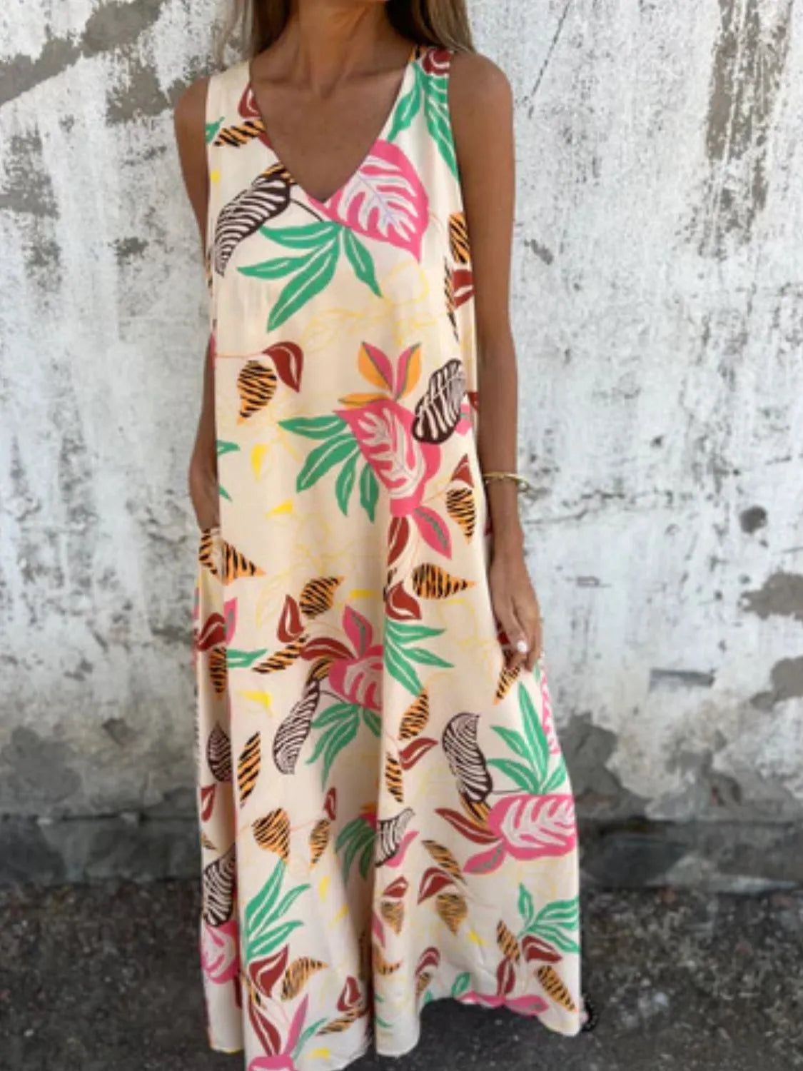Full Size Printed V-Neck Sleeveless Dress Plus Size