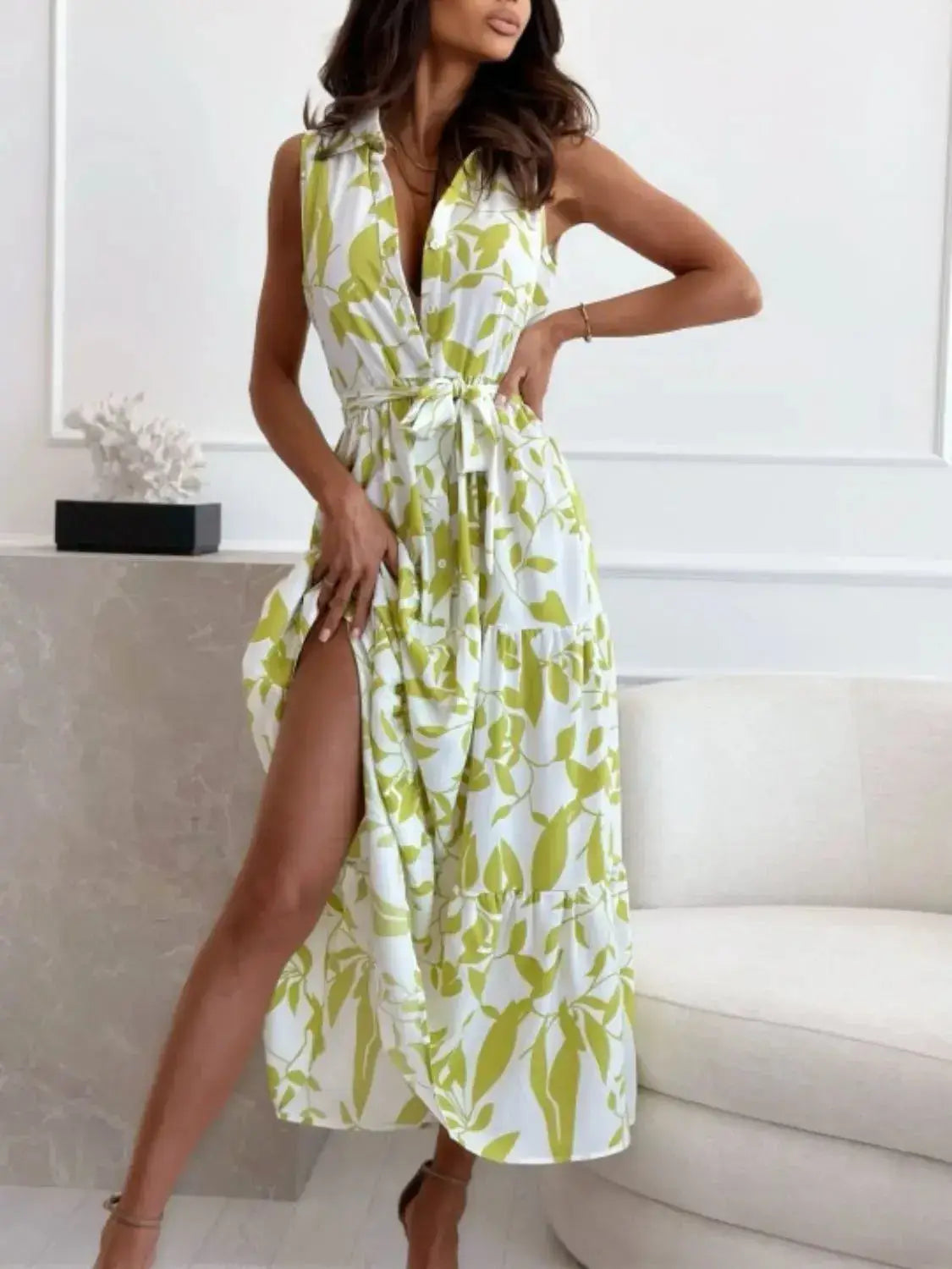 Sleeveless Tie Waist Printed Dress