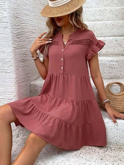 Perfee Tiered Notched Flounce Sleeve Mini Dress - Clothes For Her Online Store