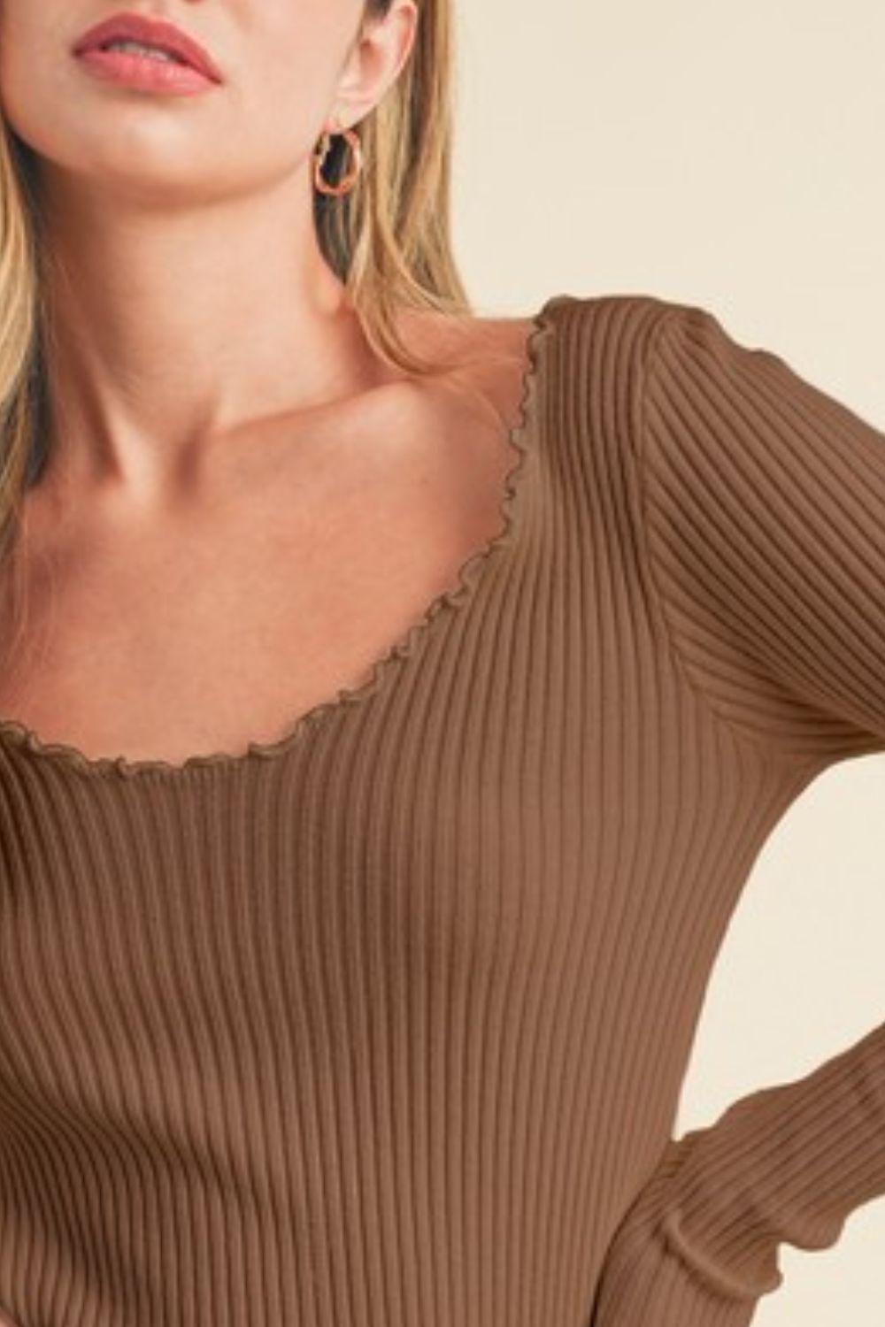Aemi + Co Lettuce Hem Scoop Neck Long Sleeve Knit Top - Clothes For Her Online Store