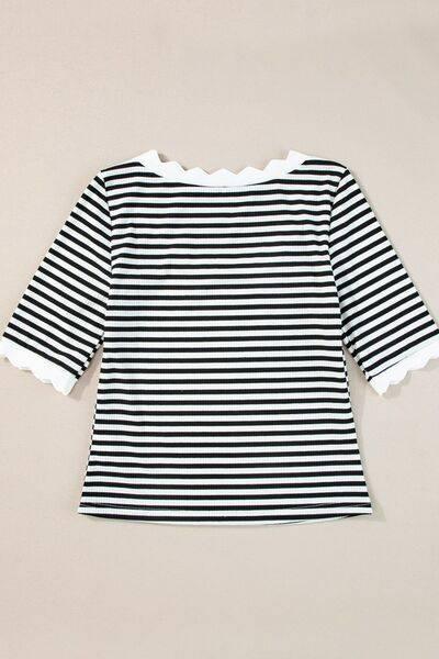Striped Contrast Scallop Trim Half Sleeve T-shirt - Clothes For Her Online Store