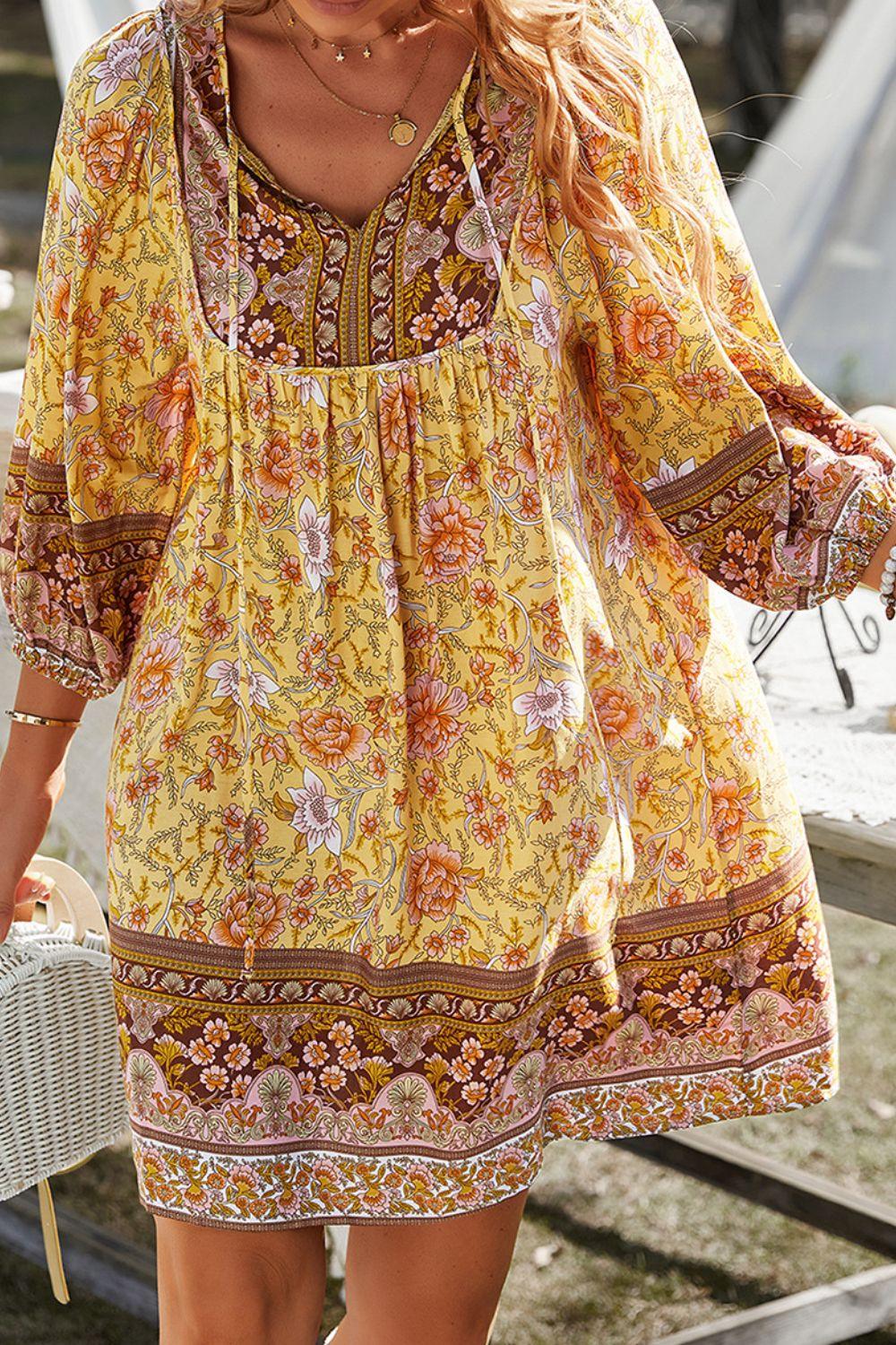 Devine Printed Tie Neck Mini Dress - Clothes For Her Online Store