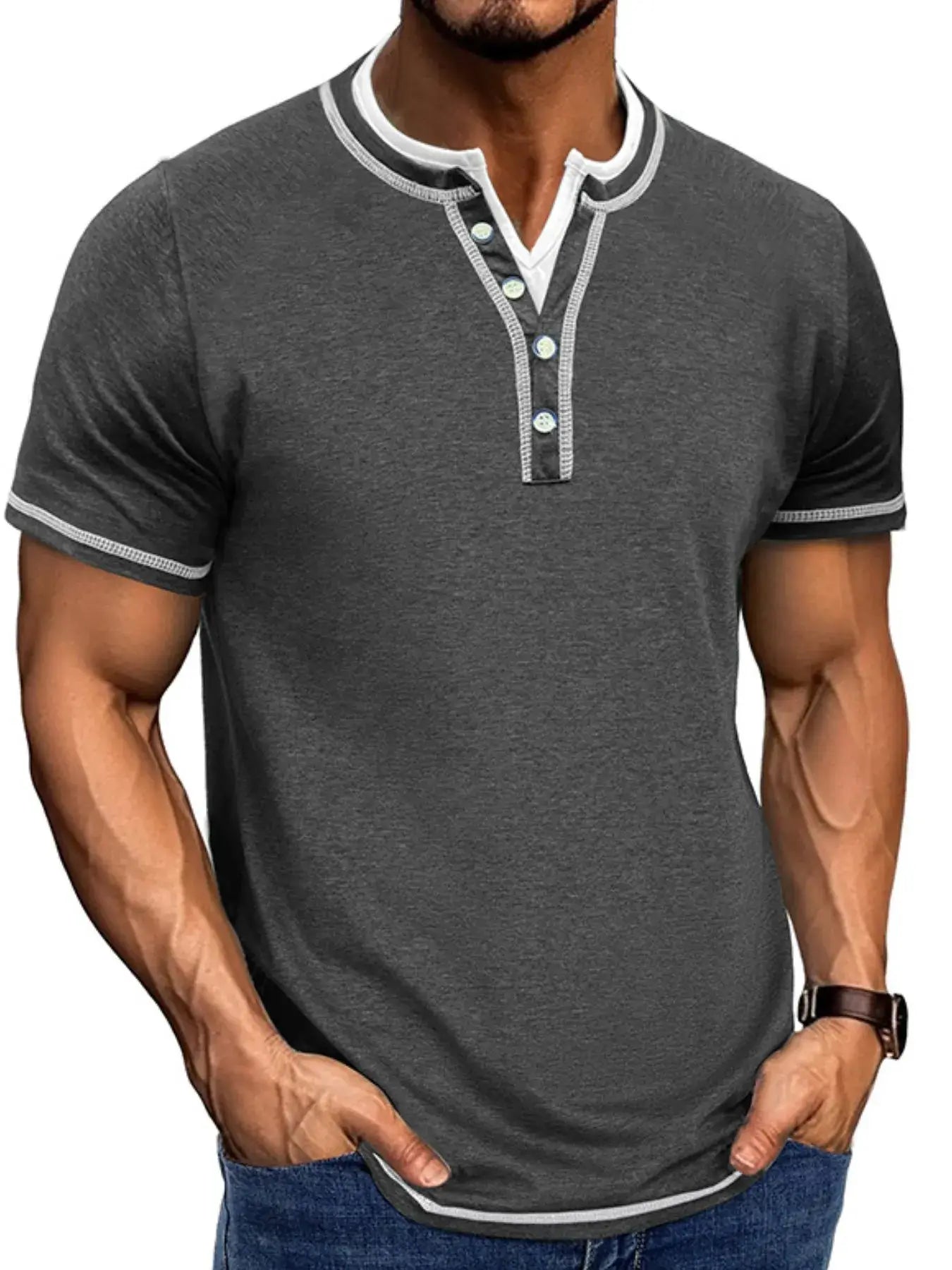 Men's Casual Henley Polo Shirt with Contrast Trim