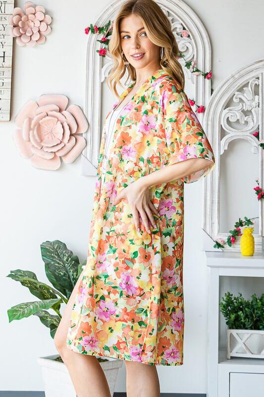 Heimish Full Size Half Sleeve Multi Color Floral Open Cardigan Plus Size - Clothes For Her Online Store