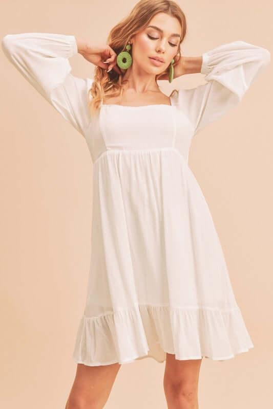 Aemi + Co Ruffled Hem Square Neck Balloon Sleeve Mini Dress - Clothes For Her Online Store