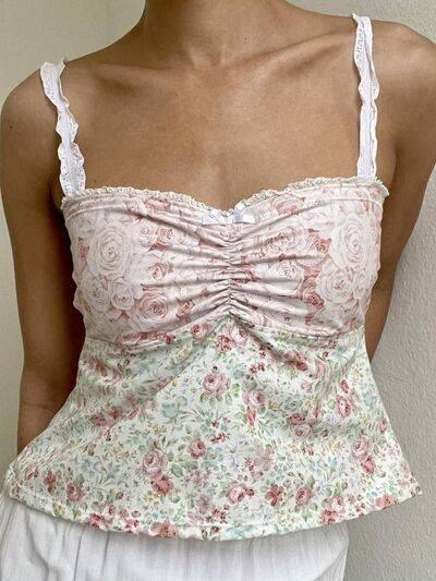 Lace Detail Floral Sweetheart Neck Cami - Clothes For Her Online Store