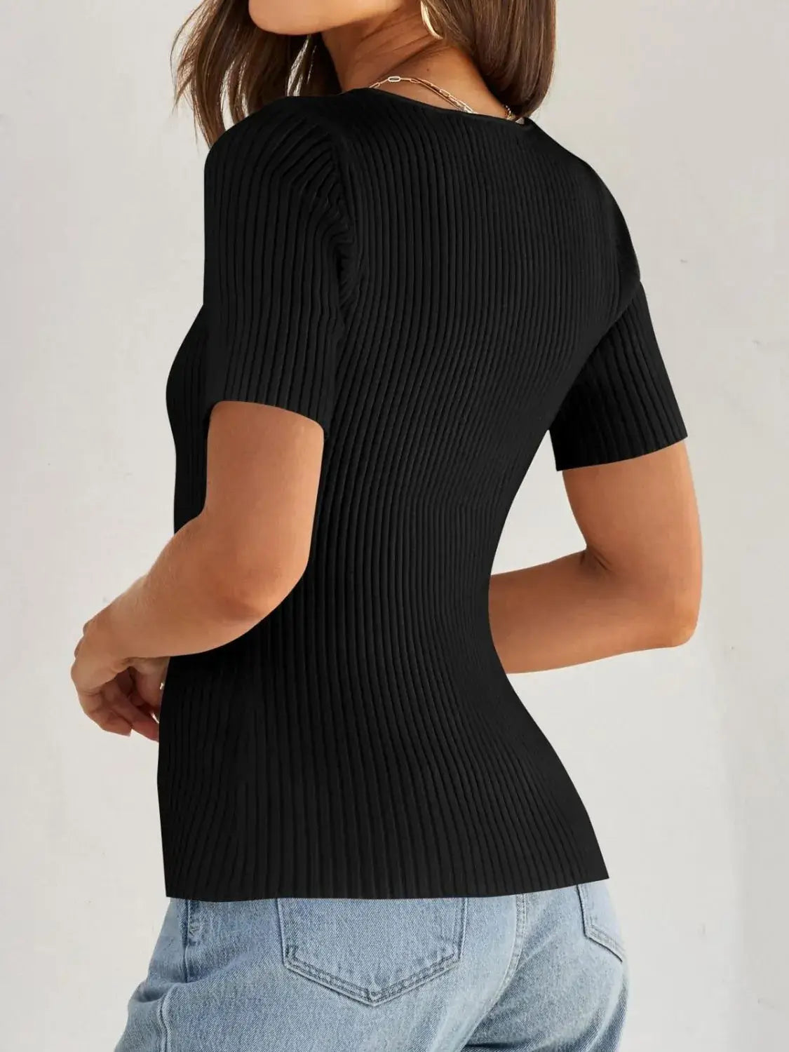 Ribbed Square Neck Short Sleeve Knit Top