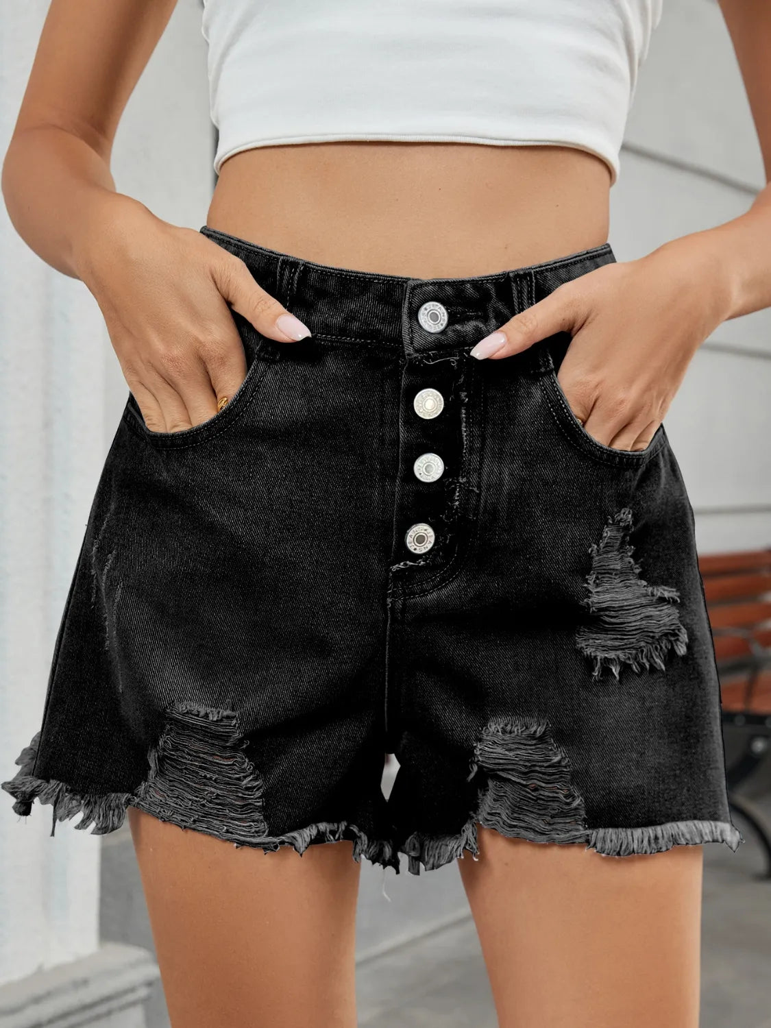 Distressed Raw Hem Denim Shorts