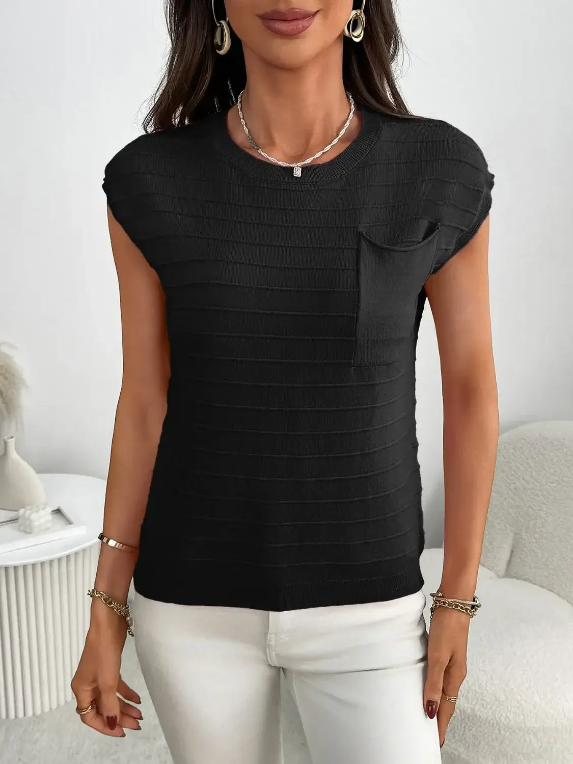 Round Neck Cap Sleeve Knit Top