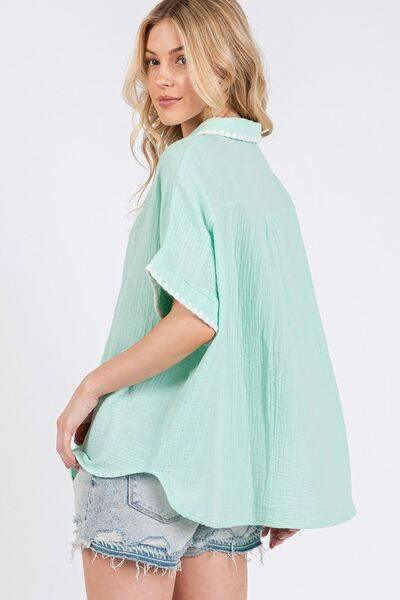 SAGE+FIG Boho Contrast Zigzag Trim Gauze Button-Up Shirt - Clothes For Her Online Store