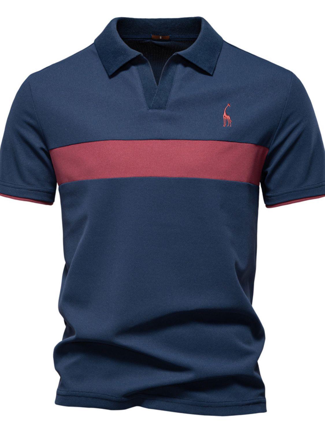 Men's Giraffe Embroidered Collared Neck Contrast Polo - Clothes For Her Online Store