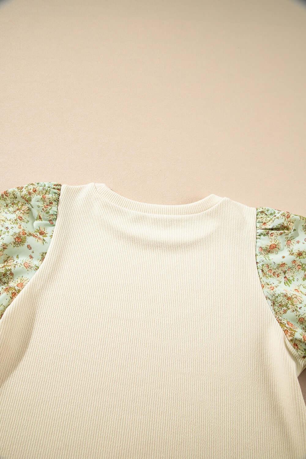 Floral Puff Sleeve Ribbed Blouse - Clothes For Her Online Store