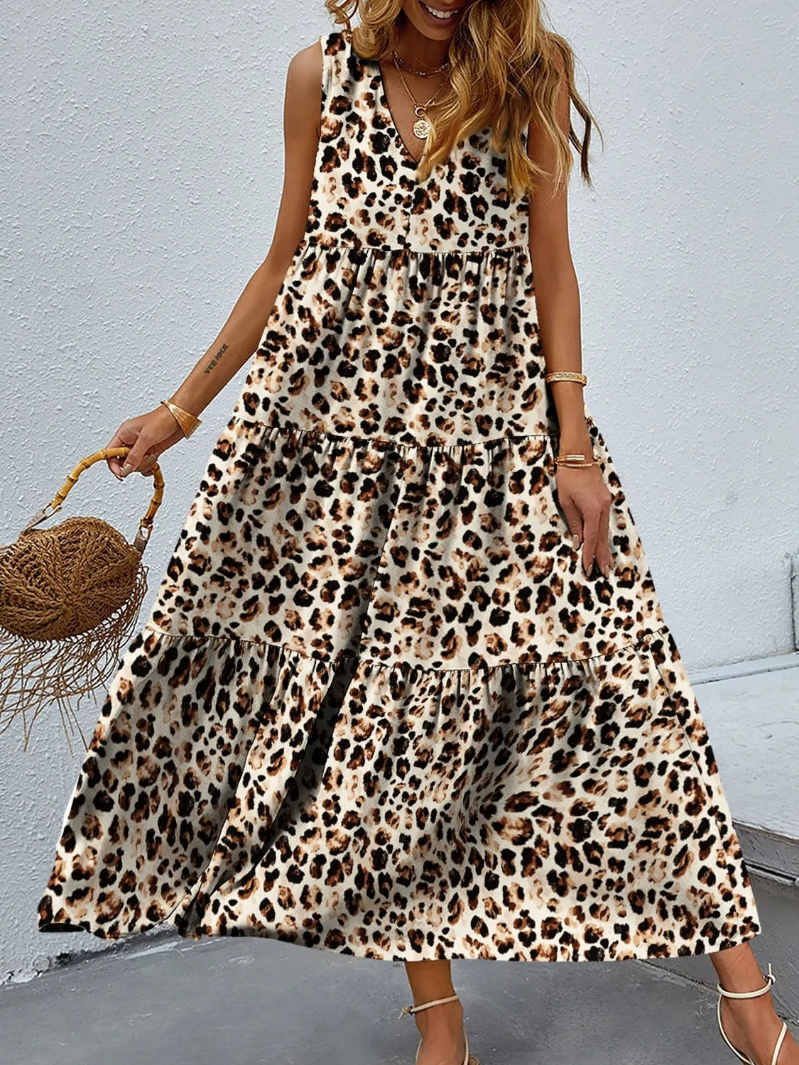 Printed V-Neck Tiered Maxi Tank Dress