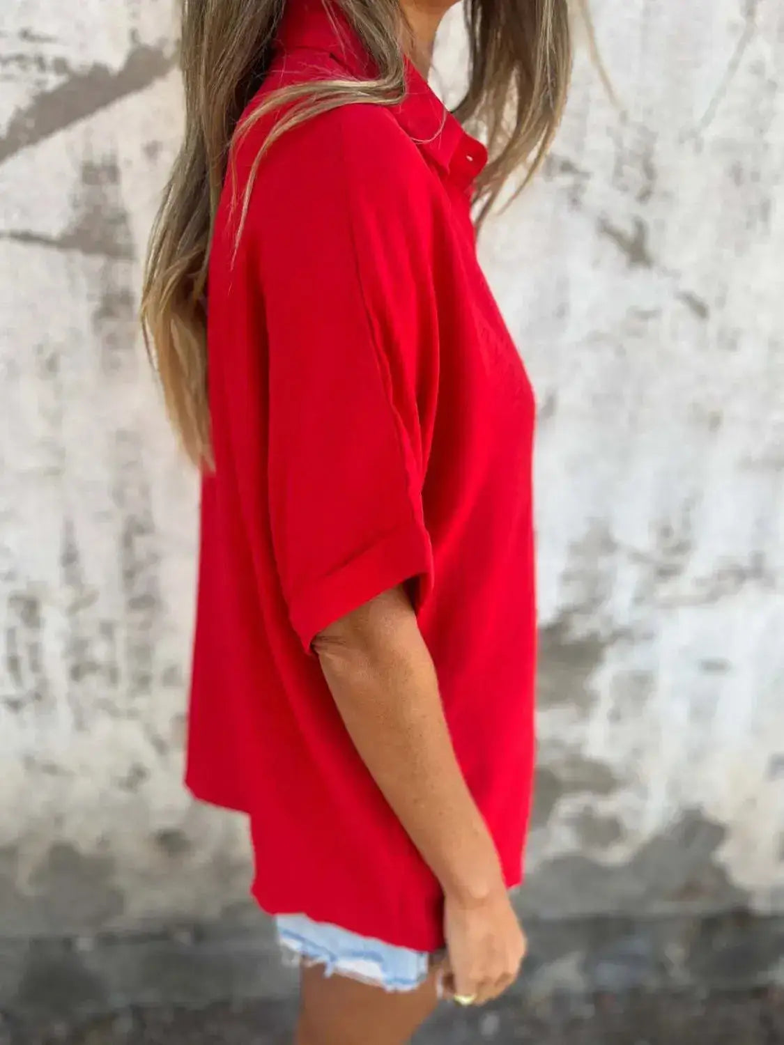 Full Size Collared Neck Half Sleeve Shirt Plus Size - Clothes For Her Online Store