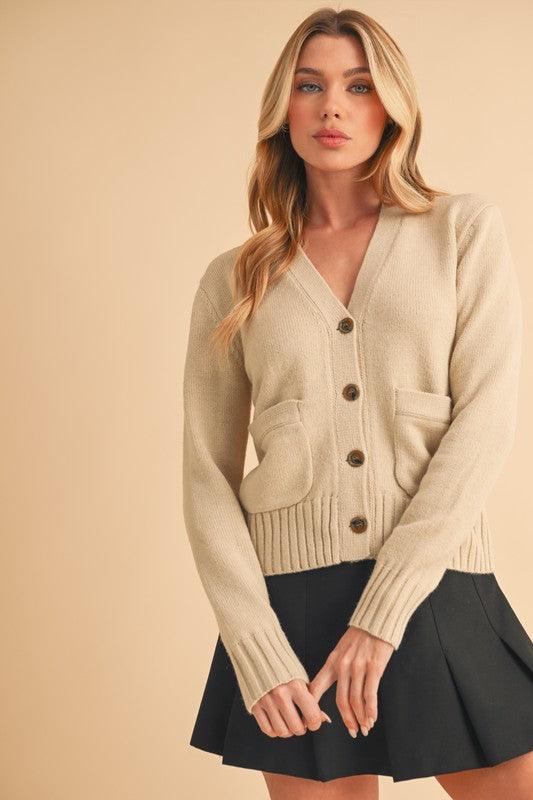 Aemi + Co Ribbed Hem Button Down V-Neck Cardigan - Clothes For Her Online Store