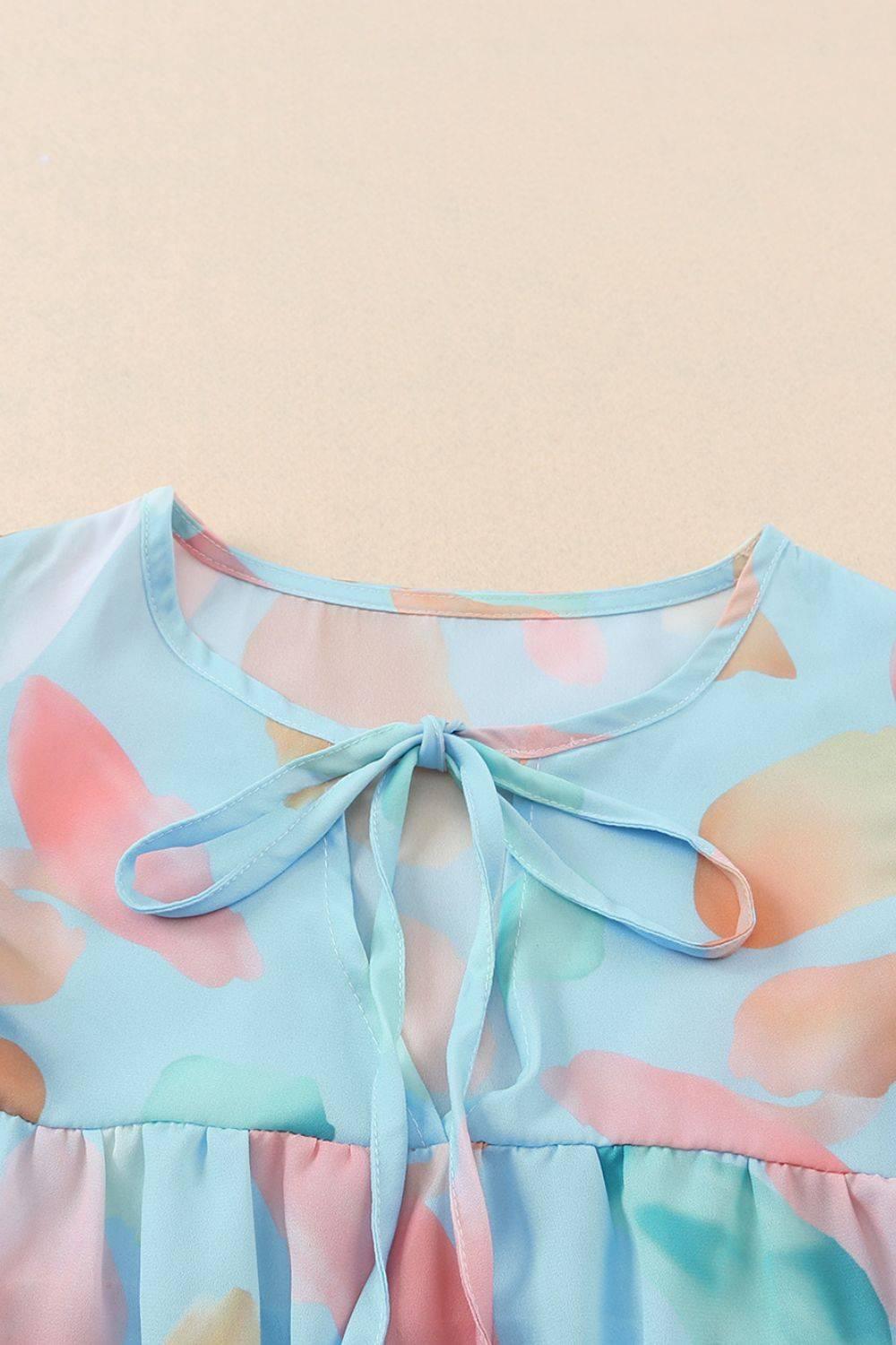 Splotches Pattern Ruffled Cap Sleeve Blouse - Clothes For Her Online Store