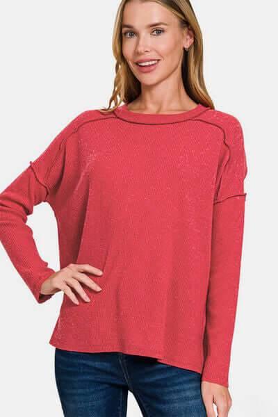 Zenana Full Size Exposed Seam Brushed Round Neck Sweater - Clothes For Her Online Store