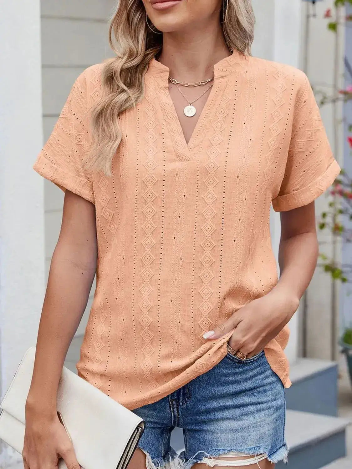Eyelet Notched Short Sleeve Top - Clothes For Her Online Store