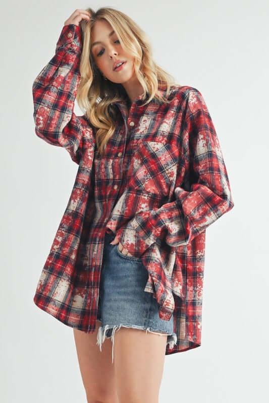 Aemi + Co Washed Plaid Button Up Raglan Sleeve Flannel Shirt - Clothes For Her Online Store