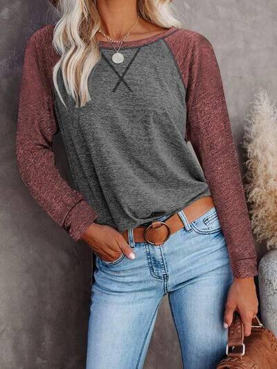 Round Neck Long Sleeve T-Shirt - Clothes For Her Online Store