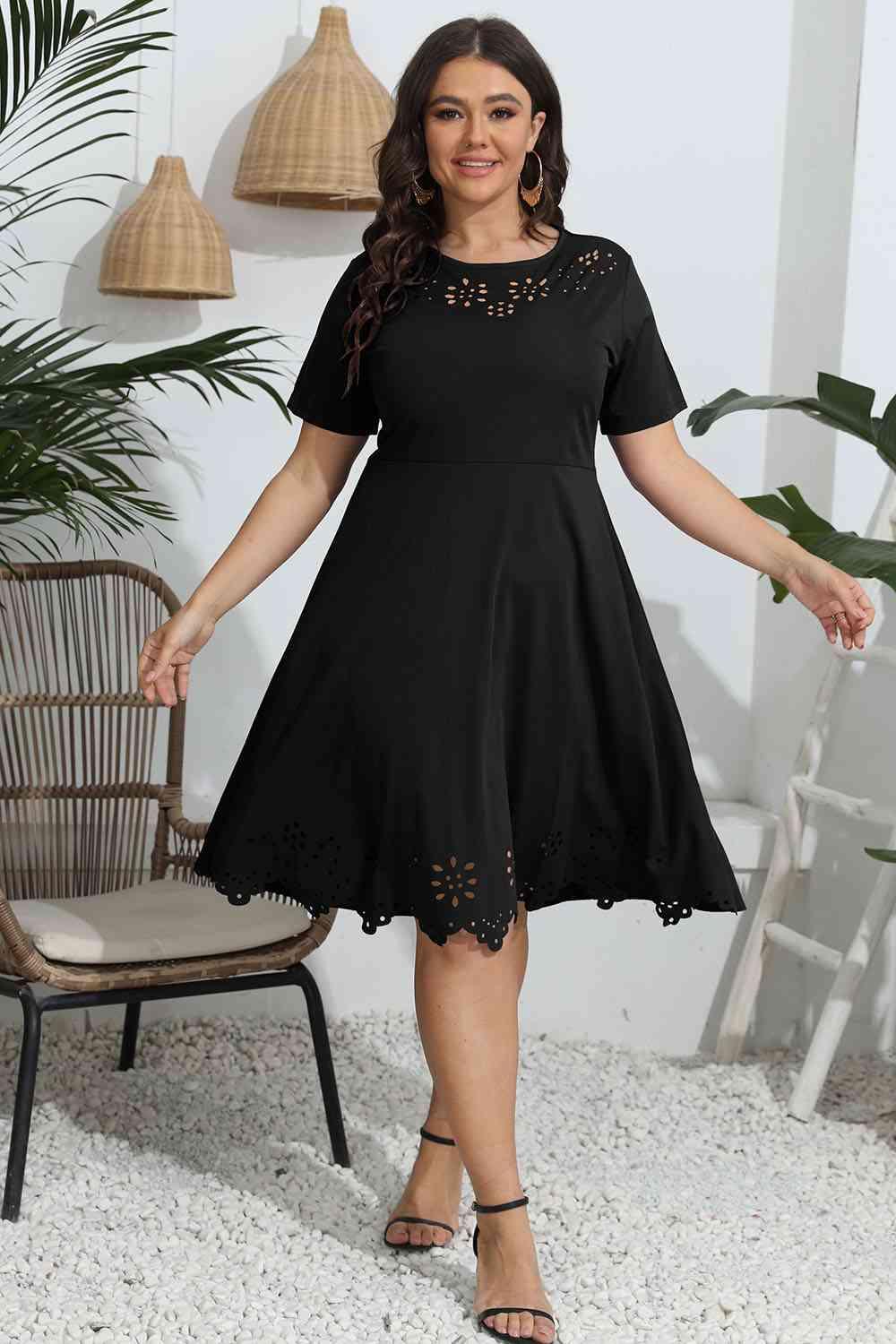 Plus Size Round Neck Openwork Dress - Clothes For Her Online Store