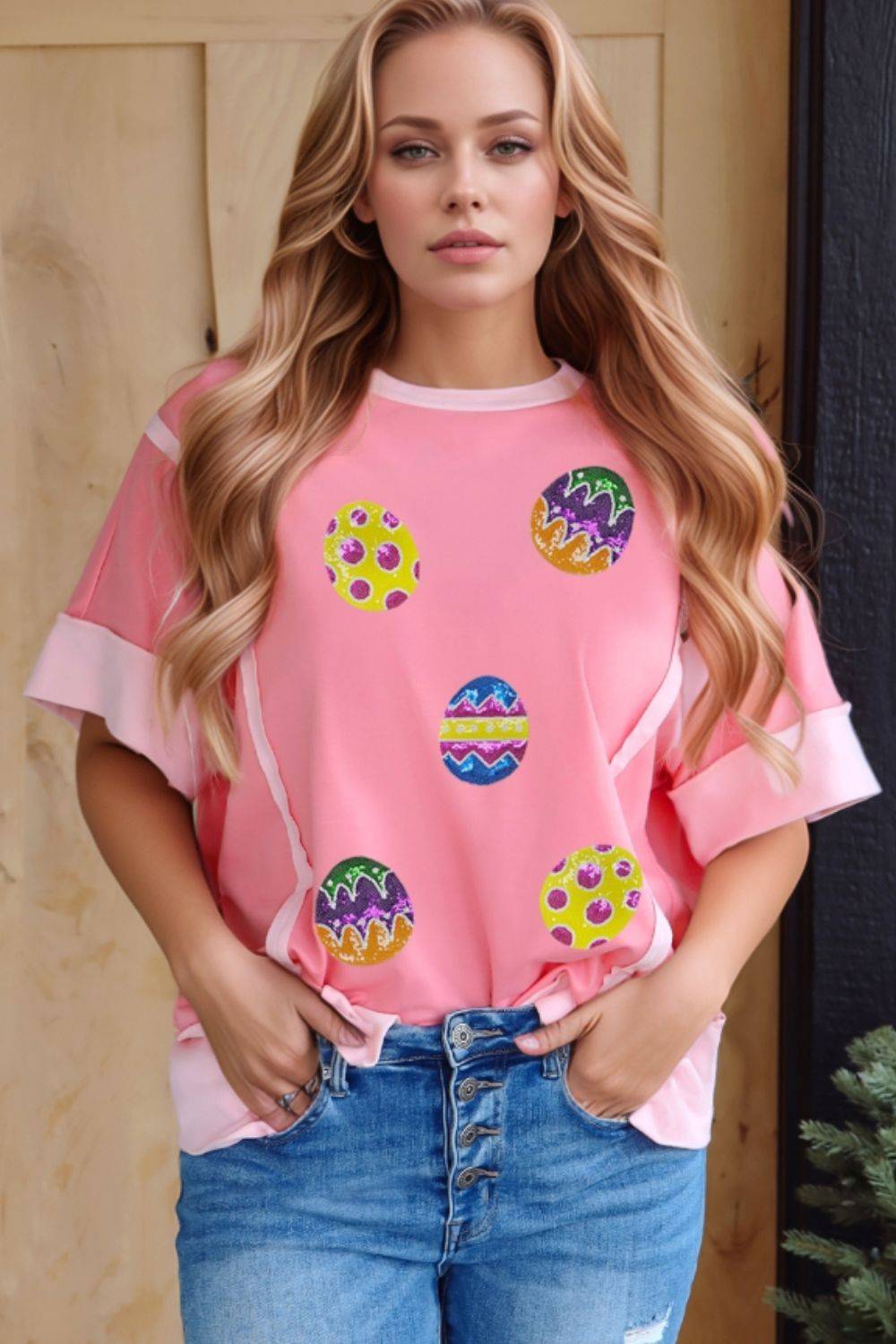 Sequined Easter Egg Short Sleeve T-Shirt - Clothes For Her Online Store