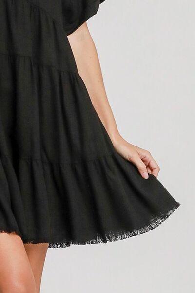 Umgee Full Size Raw Hem Folded Sleeve Tiered Dress Plus Size - Clothes For Her Online Store