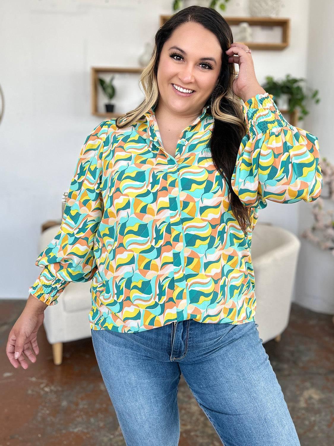 Double Take Full Size Printed Smocked Long Sleeve Blouse - Clothes For Her Online Store