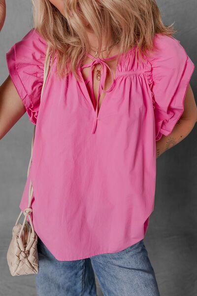 Shirred Tie Neck Ruffled Cap Sleeve Blouse - Clothes For Her Online Store