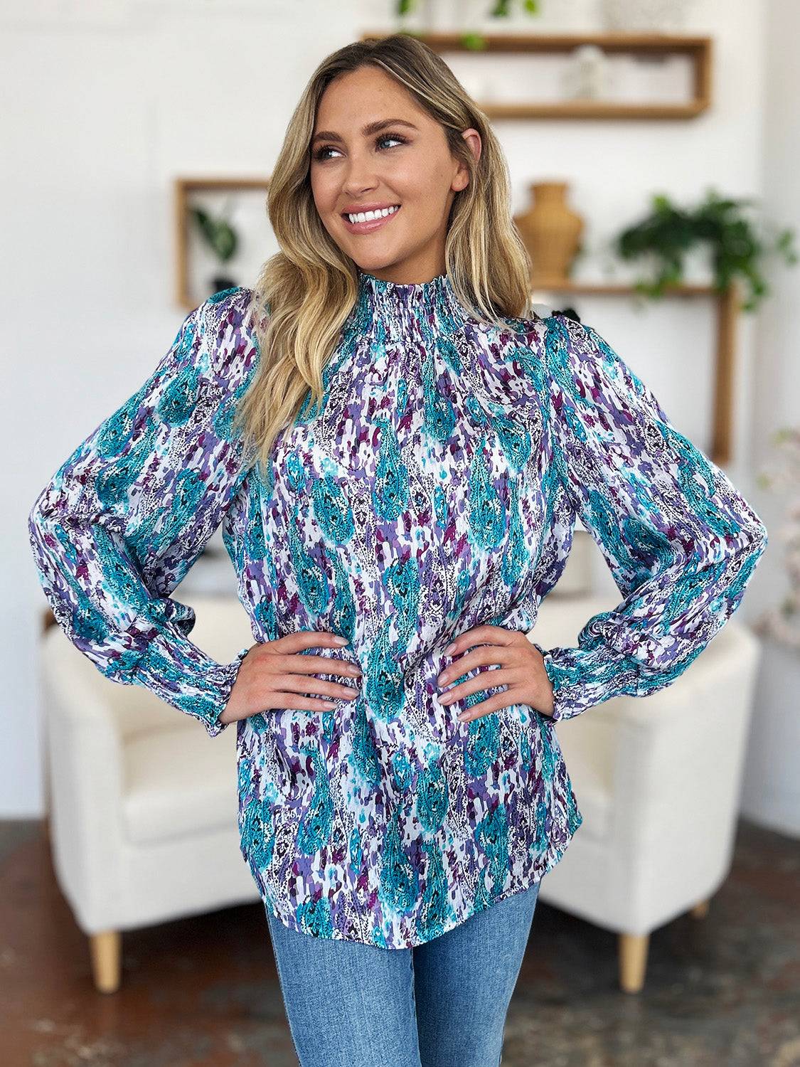 Double Take Full Size Printed Smocked Long Sleeve Blouse - Clothes For Her Online Store