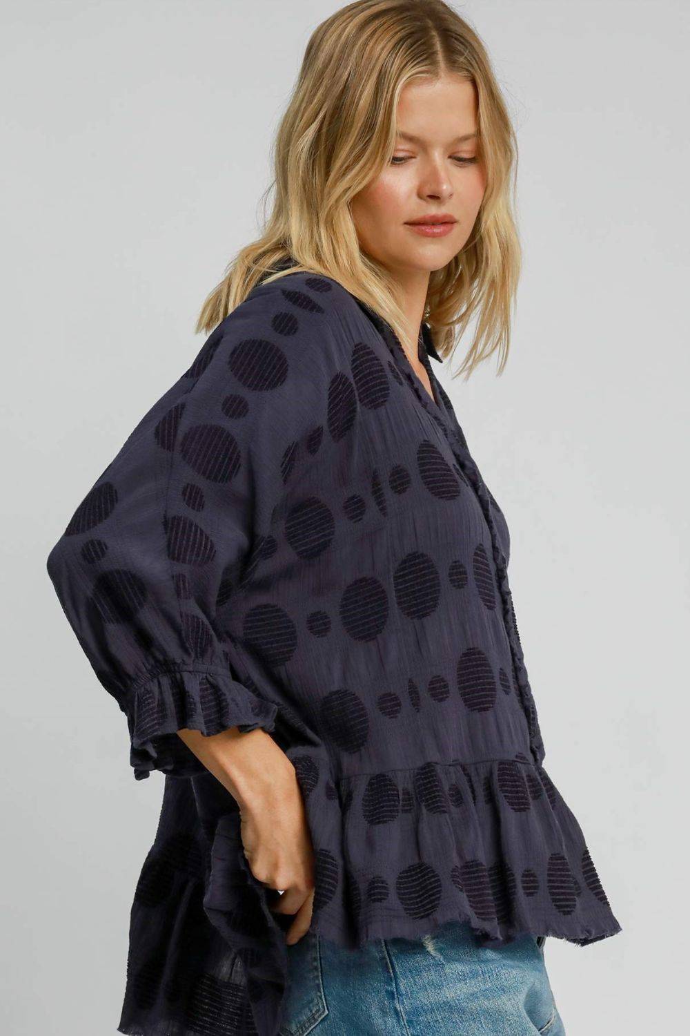 Umgee Full Size Swiss Dot Half Button Flounce Sleeve Blouse Plus Size - Clothes For Her Online Store