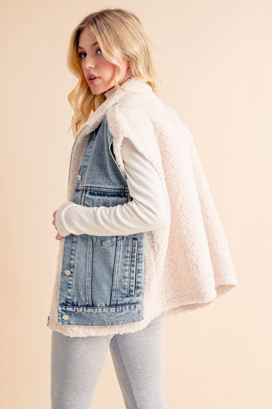 Aemi + Co Fake Two Pieces Denim Patch Sherpa Vest Coat - Clothes For Her Online Store