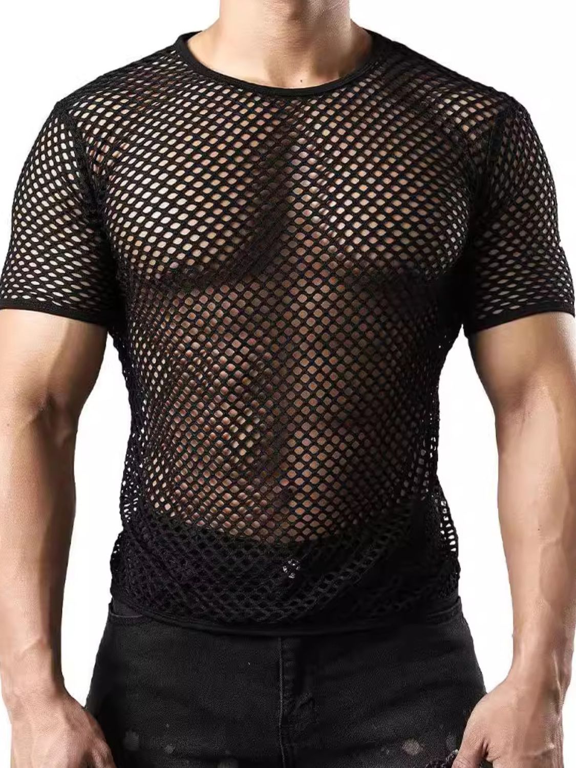 Men's Hollow Out Round Neck Short Sleeve Top - Clothes For Her Online Store