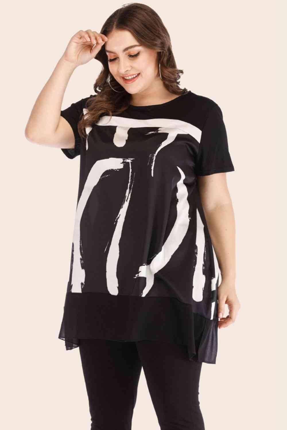 Plus Size Contrast Spliced Mesh T-Shirt and Cropped Leggings Set - Clothes For Her Online Store