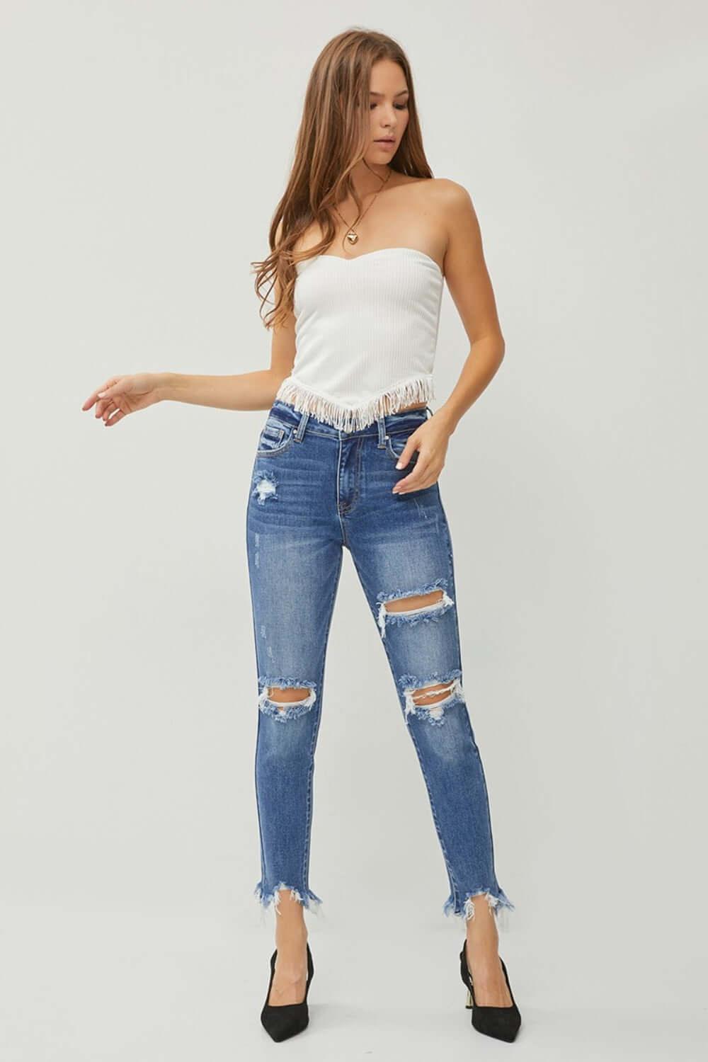 RISEN Distressed Frayed Hem Slim Jeans - Clothes For Her Online Store