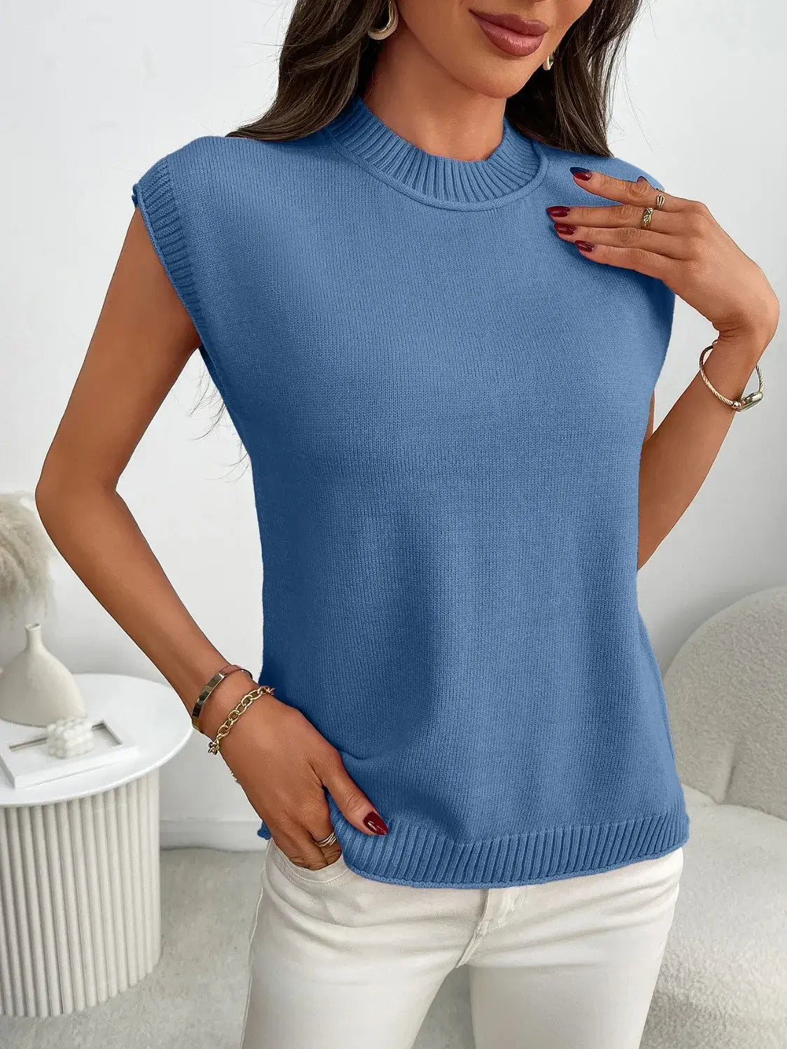 Mock Neck Cap Sleeve Knit Top