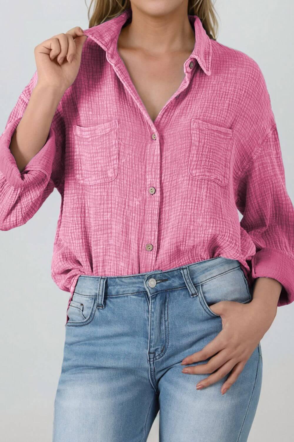 Button Down Collared Neck Long Sleeve Shirt - Clothes For Her Online Store