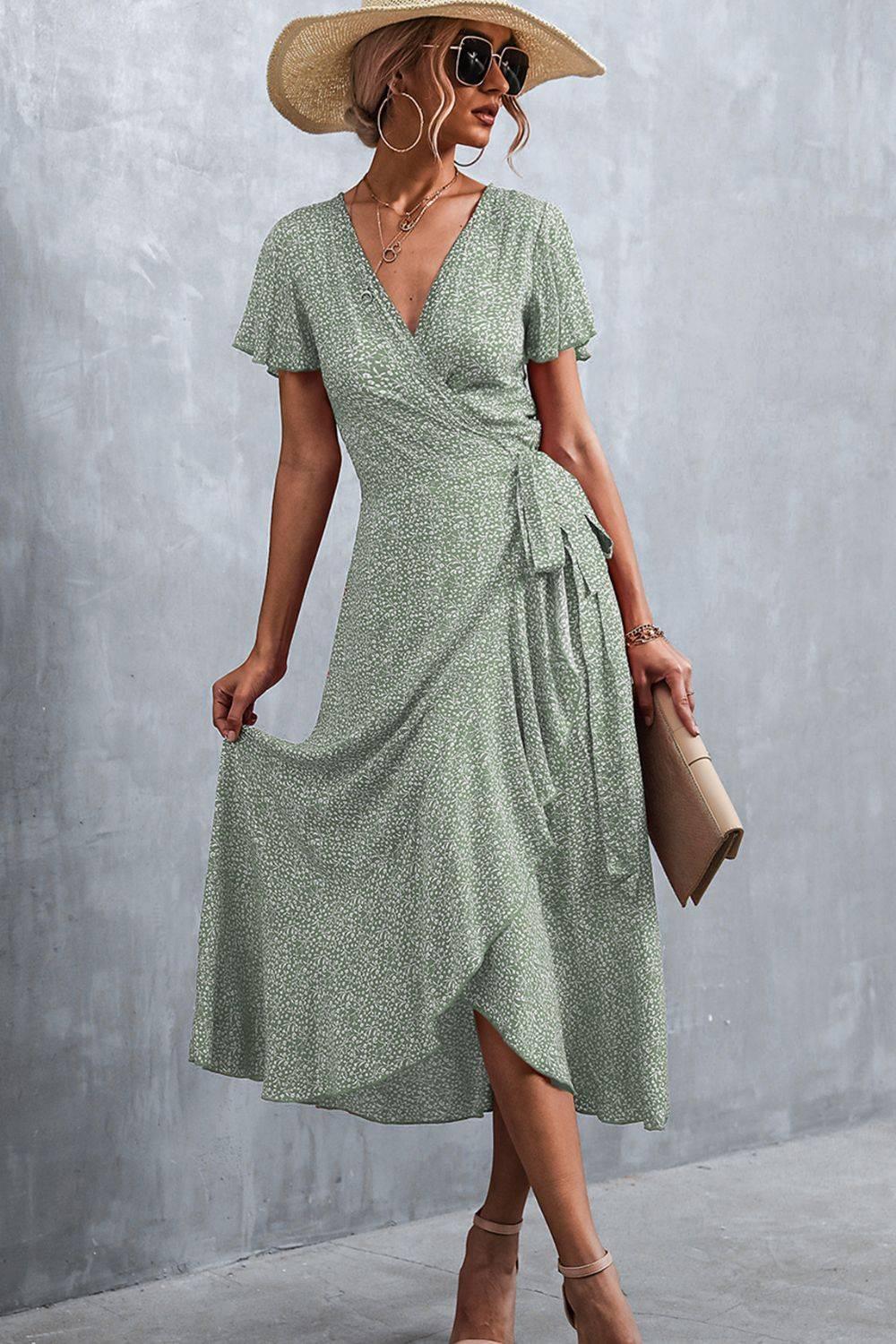 Floral Surplice Neck Tied Midi Dress - Clothes For Her Online Store