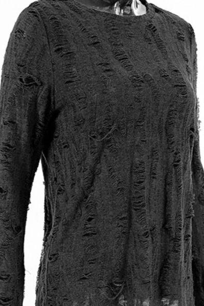 Distressed Round Neck Long Sleeve Blouse - Clothes For Her Online Store