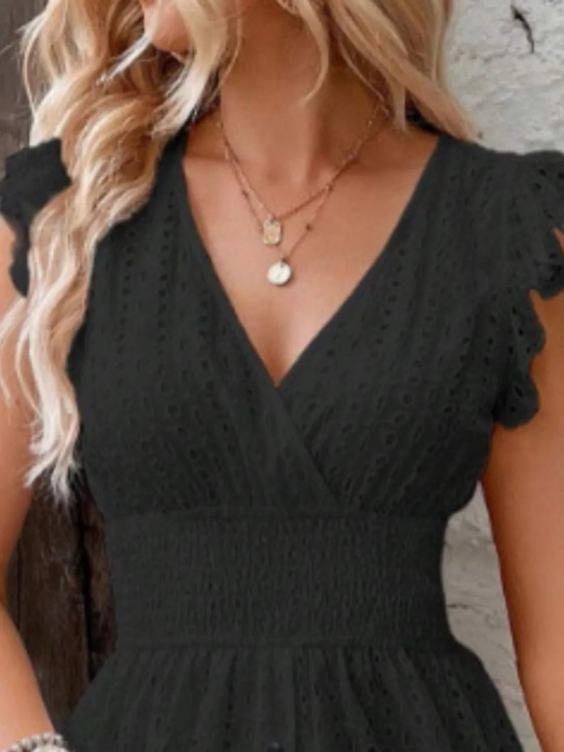 Eyelet Surplice Cap Sleeve Dress