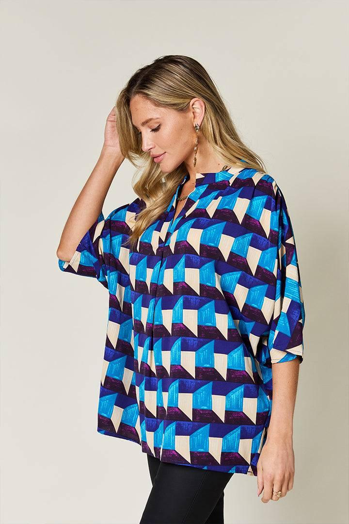Double Take Full Size Geometric Notched Half Sleeve Blouse - Clothes For Her Online Store