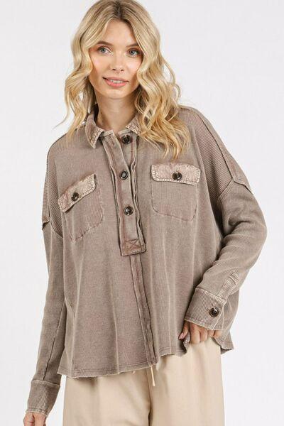 Mittoshop Mineral Wash Waffle Knit Collared Neck Henley Top - Clothes For Her Online Store