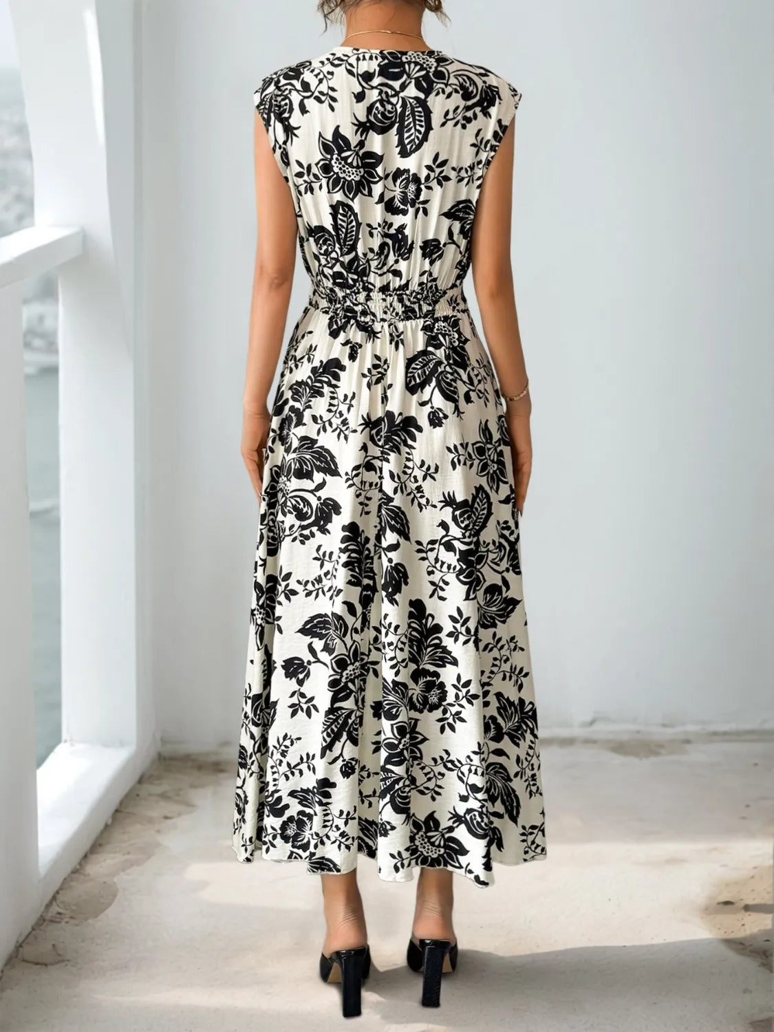 Printed V-Neck Cap Sleeve Dress