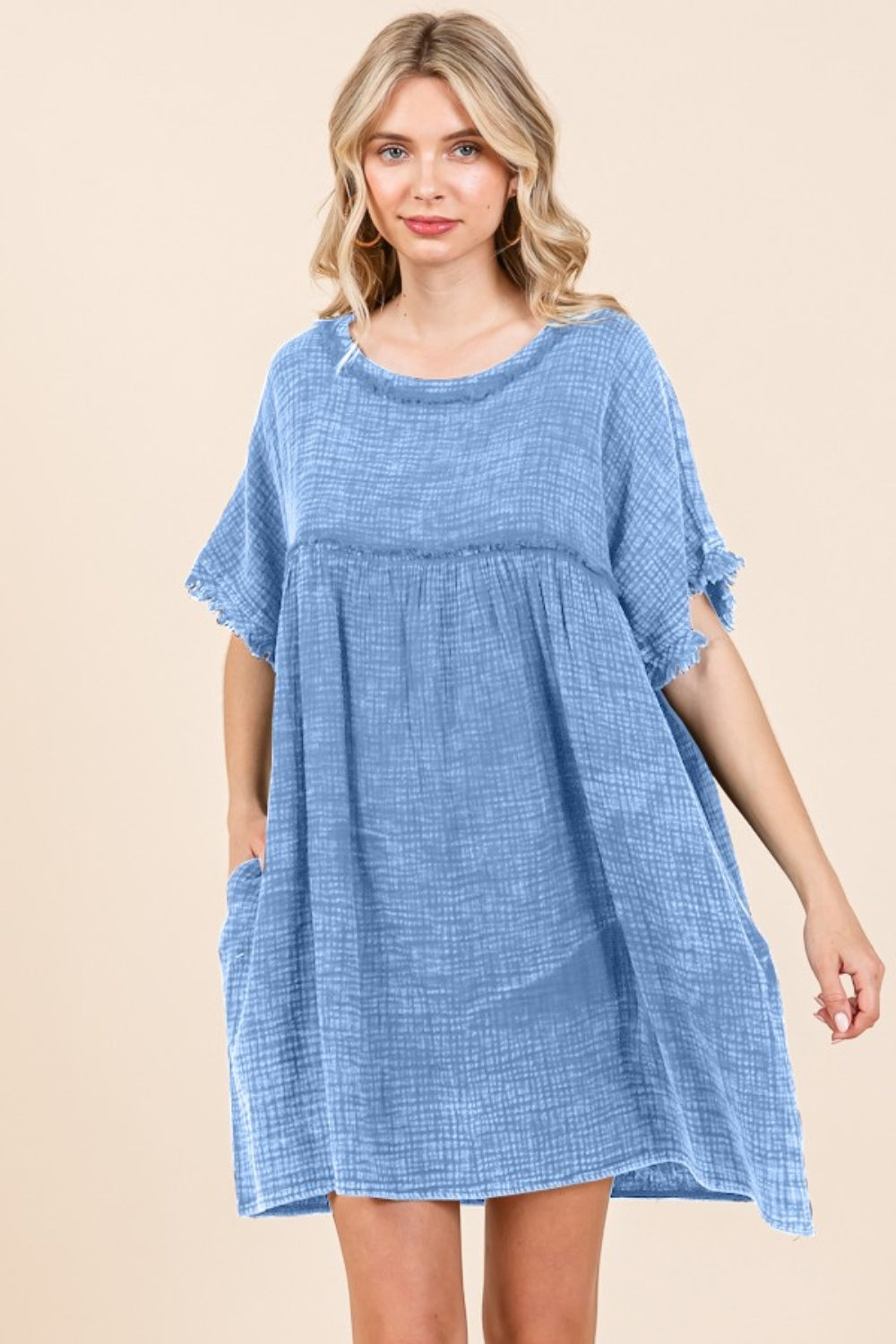 Culture Code Full Size Short Sleeve Babydoll Texture Dress with Pockets - Clothes For Her Online Store