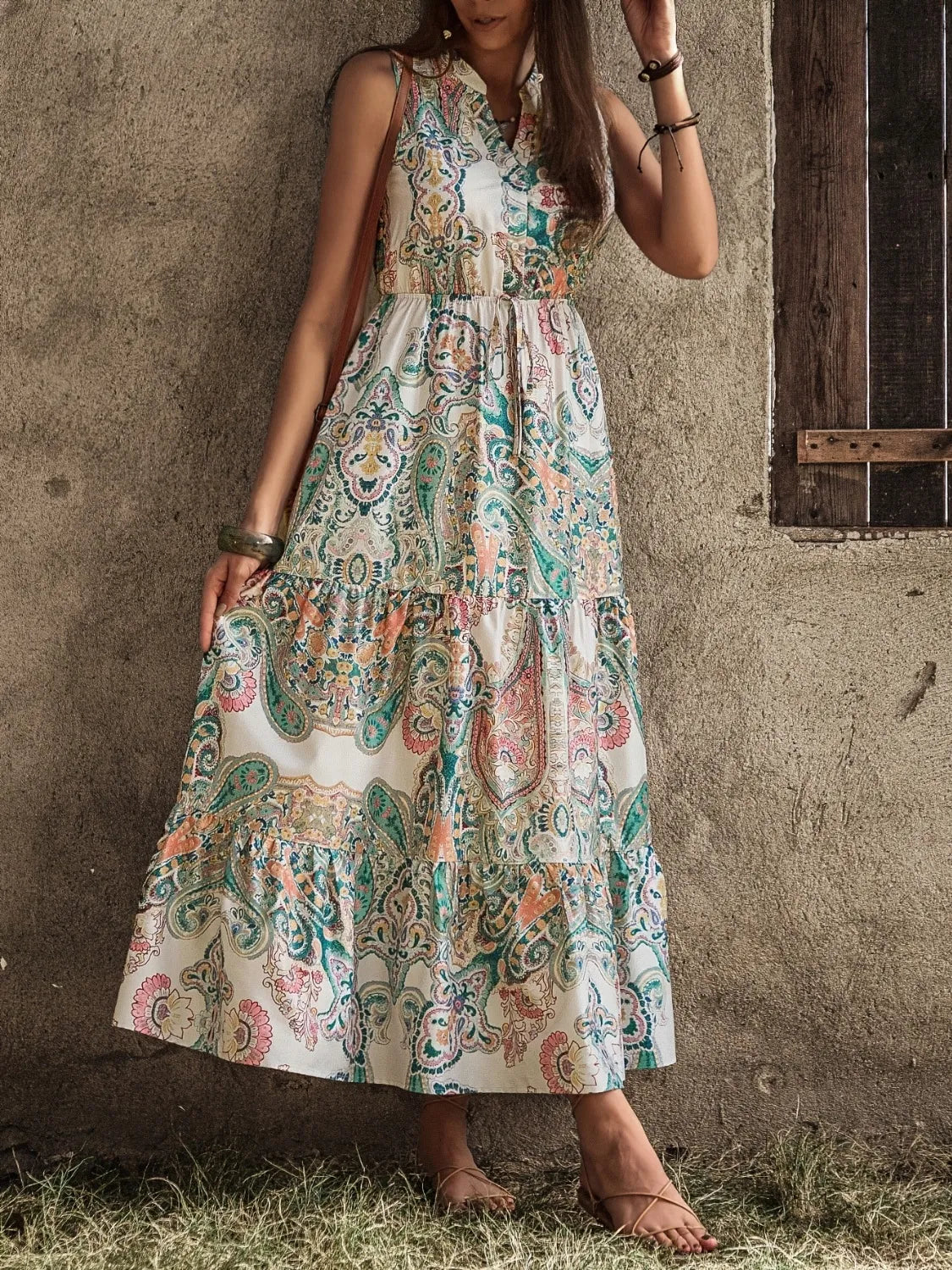 Printed Notched Sleeveless Dress