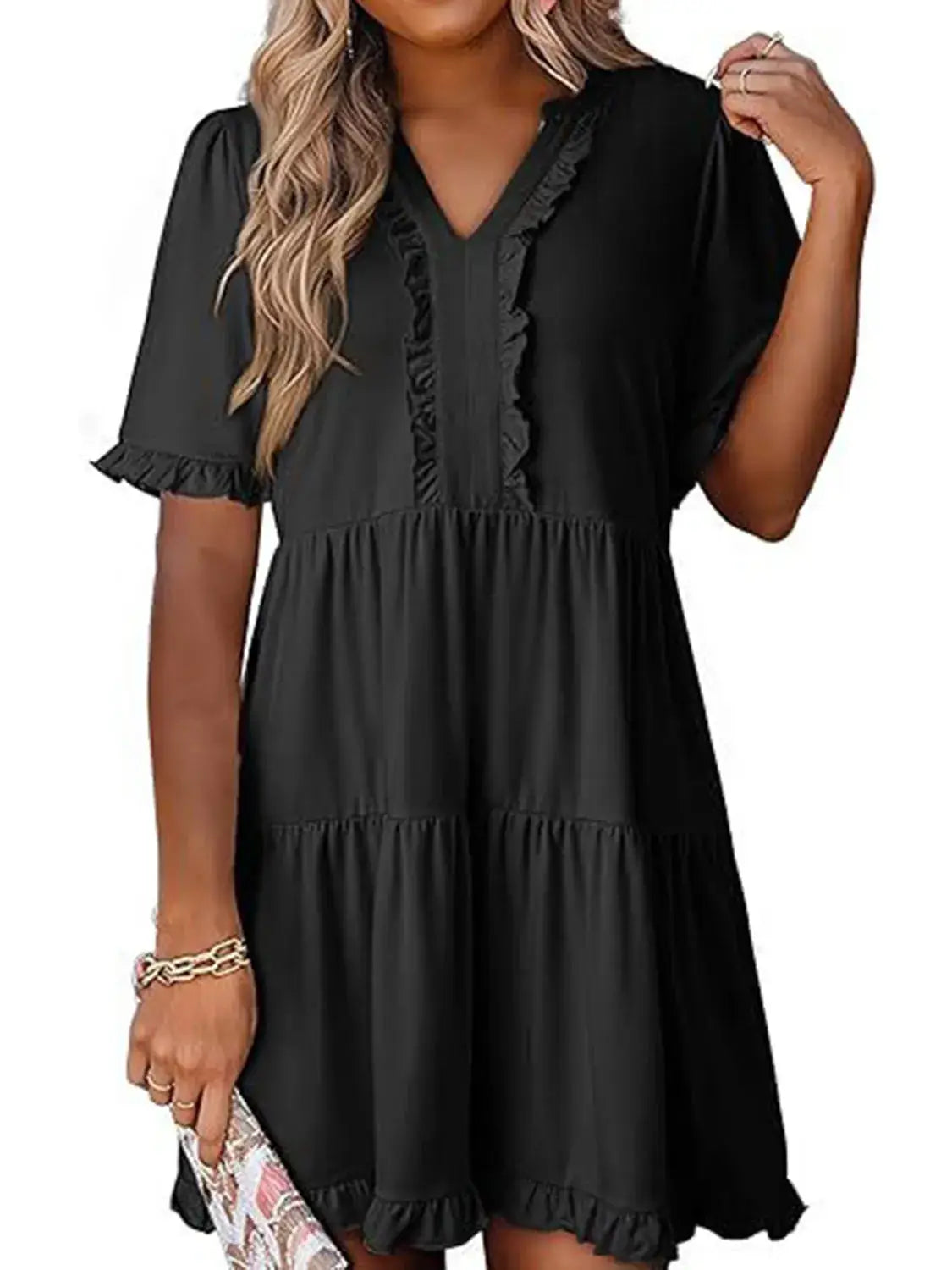 Tiered Notched Short Sleeve Mini Dress - Clothes For Her Online Store