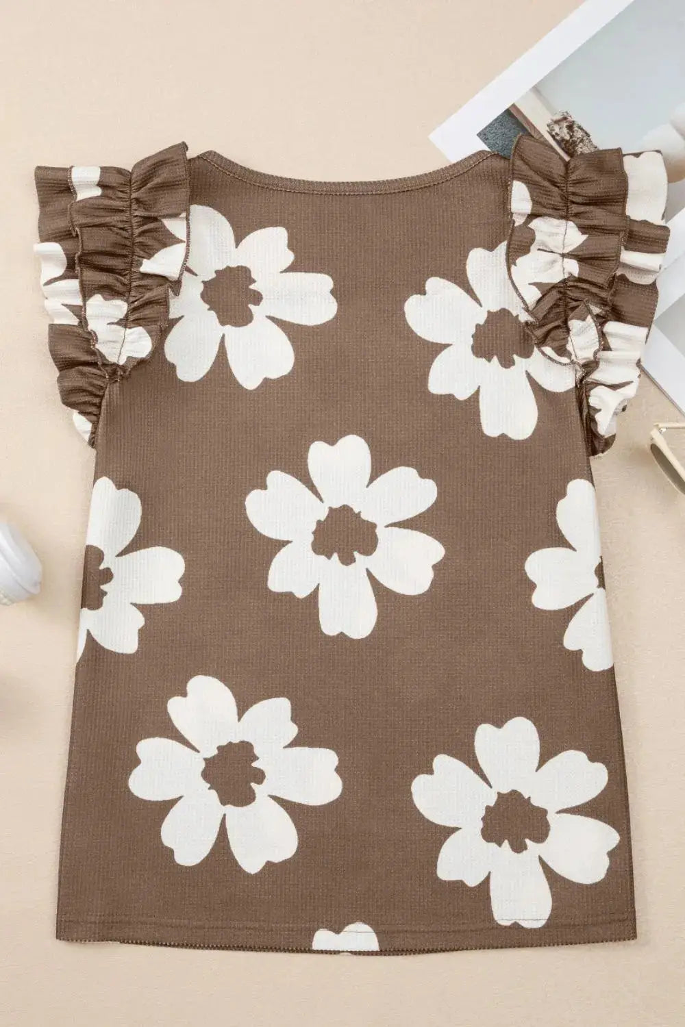 Floral Textured Ruffled Cap Sleeve Blouse - Clothes For Her Online Store