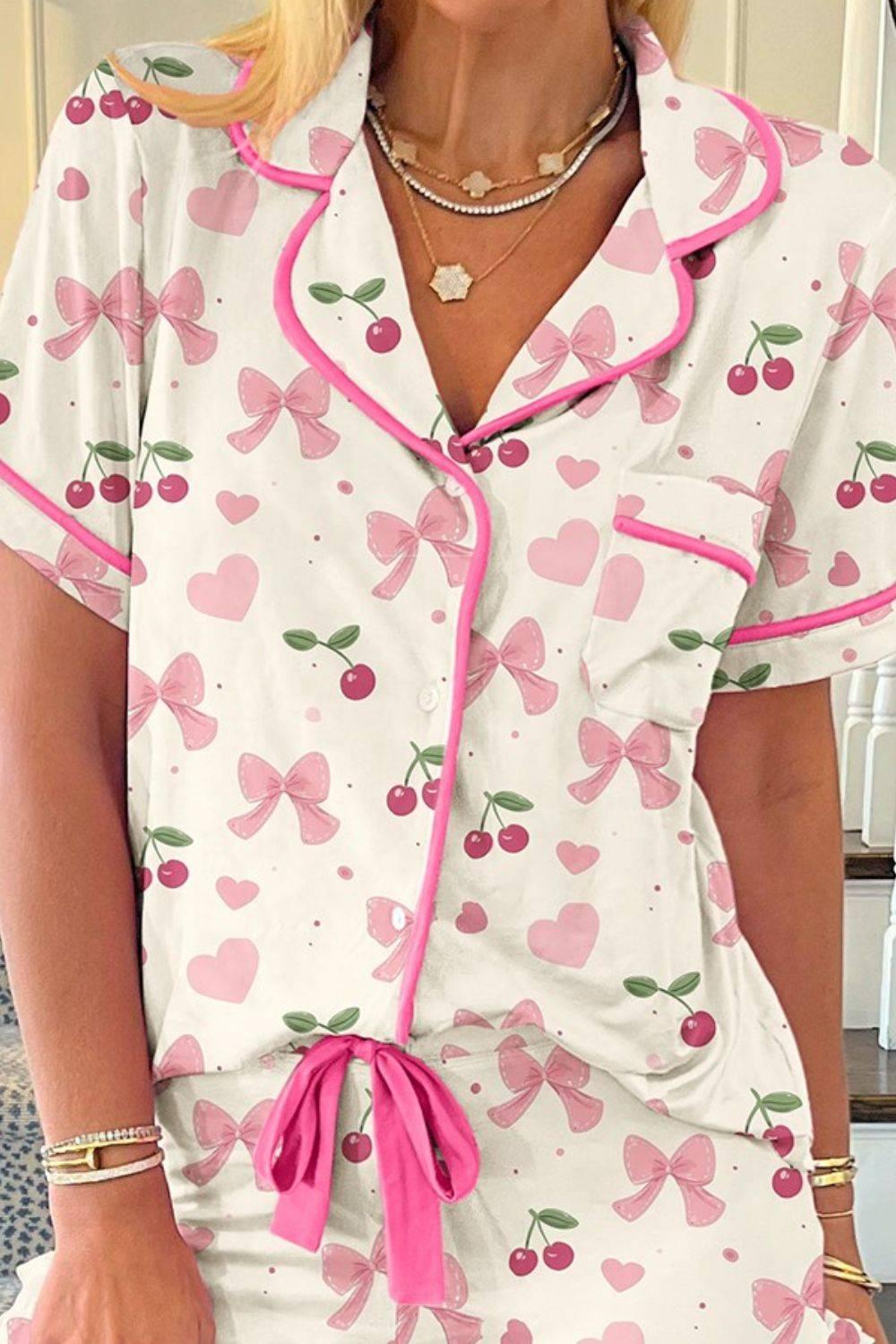 Printed Button Up Short Sleeve Top and Shorts Lounge Set - Clothes For Her Online Store